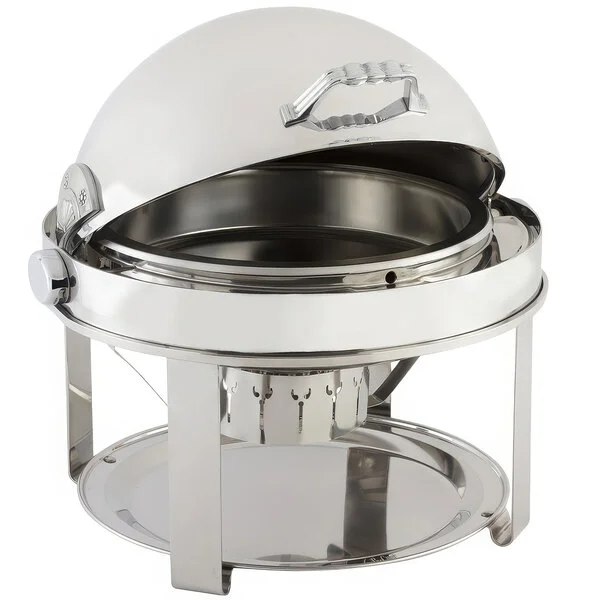 Bon Chef 12010CH Elite Round 8 Qt. Dripless Round Stainless Steel with Chrome Accents Roll Top Chafer with Contemporary Legs Bon Chef 12010CH Elite Round 8 Qt. Dripless Round Stainless Steel with Chrome Accents Roll Top Chafer with Contemporary Legs