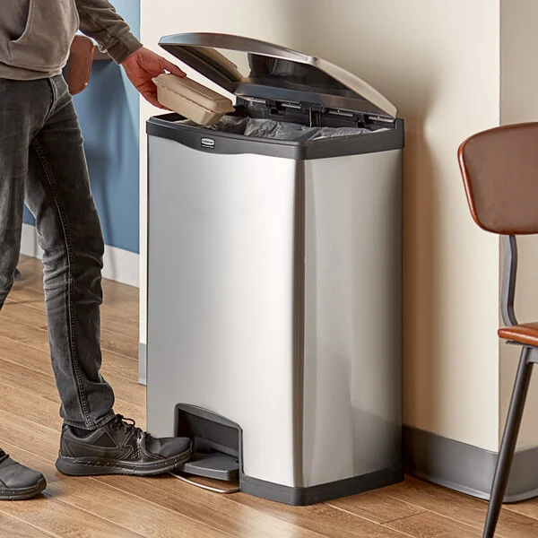 Rubbermaid® 1901999 Slim Jim Stainless Steel Black Accent Front Step-On Rectangular Trash Can with Single Rigid Plastic Liner - 96 Qt. / 24 Gallon Rubbermaid® 1901999 Slim Jim Stainless Steel Black Accent Front Step-On Rectangular Trash Can with Single Rigid Plastic Liner - 96 Qt. / 24 Gallon