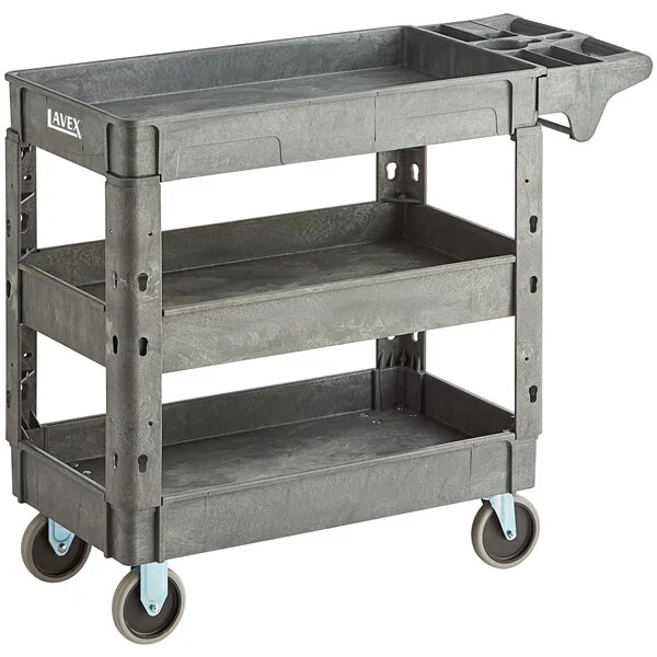 Lavex Medium Gray 3-Shelf Utility Cart with Premium Handle and Built-In Tool Compartments - 40 11/16 Lavex Medium Gray 3-Shelf Utility Cart with Premium Handle and Built-In Tool Compartments - 40 11/16