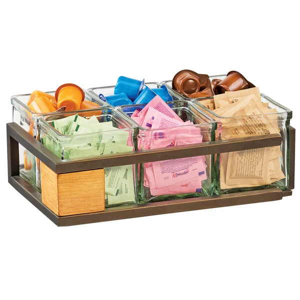 Cal-Mil 3910-6-84 Sierra Bronze Metal and Rustic Pine Organizer with 6 Square Glass Jars - 12 1/2 Cal-Mil 3910-6-84 Sierra Bronze Metal and Rustic Pine Organizer with 6 Square Glass Jars - 12 1/2