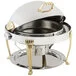 Bon Chef 12009 Elite Round 8 Qt. Dripless Round Stainless Steel with Brass Accents Roll Top Chafer with Aurora Legs Bon Chef 12009 Elite Round 8 Qt. Dripless Round Stainless Steel with Brass Accents Roll Top Chafer with Aurora Legs