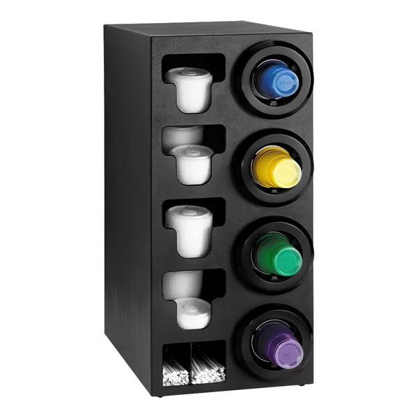 Dispense-Rite Black Polystyrene One-Size-Fits-All Right Side 4-Compartment Cup Dispenser with Built-In Lid and Straw Organizer STL-C-4RBT