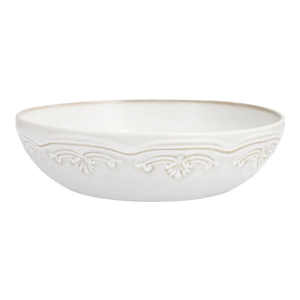 Manette Floral by Zwiesel Fortessa 52 oz. White Round Scalloped Stoneware Pasta Plate with Embossed Floral Edge - 24/Case Manette Floral by Zwiesel Fortessa 52 oz. White Round Scalloped Stoneware Pasta Plate with Embossed Floral Edge - 24/Case