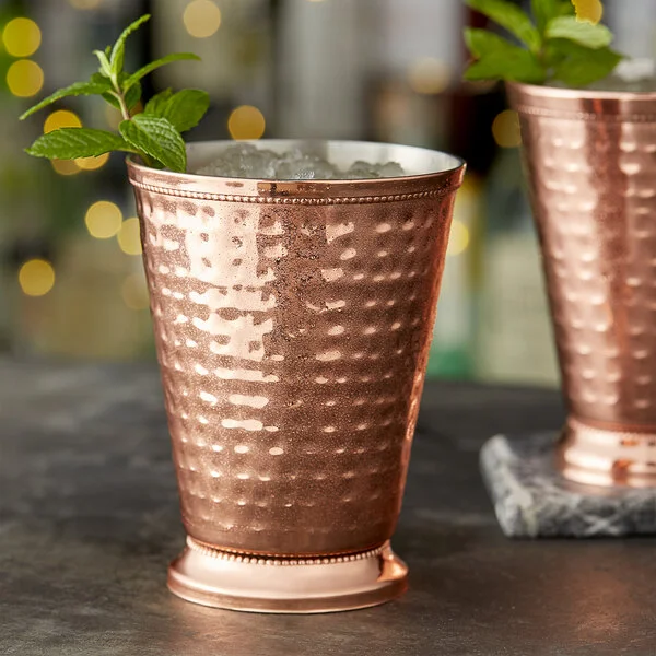 Acopa Alchemy 16 oz. Hammered Copper Mint Julep Cup with Beaded Detailing - Sample