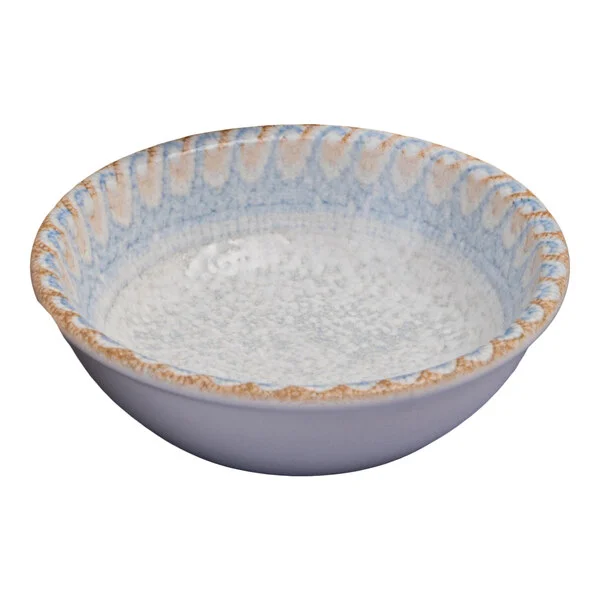 Ariane Cruise Athena 1.69 oz. Round White Porcelain Ramekin with Blue / Tan Wave Rim and White Interior - 18/Case Ariane Cruise Athena 1.69 oz. Round White Porcelain Ramekin with Blue / Tan Wave Rim and White Interior - 18/Case
