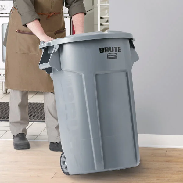 Rubbermaid® BRUTE 44 Gallon Gray Wheeled Round Trash Can and Lid