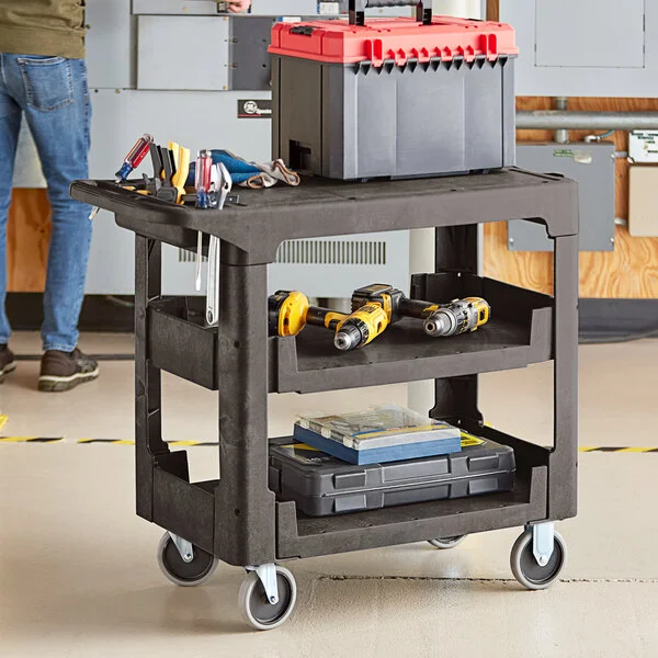 Lavex Medium Black 3-Shelf Utility Cart with Flat Top and Built-In Tool Compartment - 38 Lavex Medium Black 3-Shelf Utility Cart with Flat Top and Built-In Tool Compartment - 38