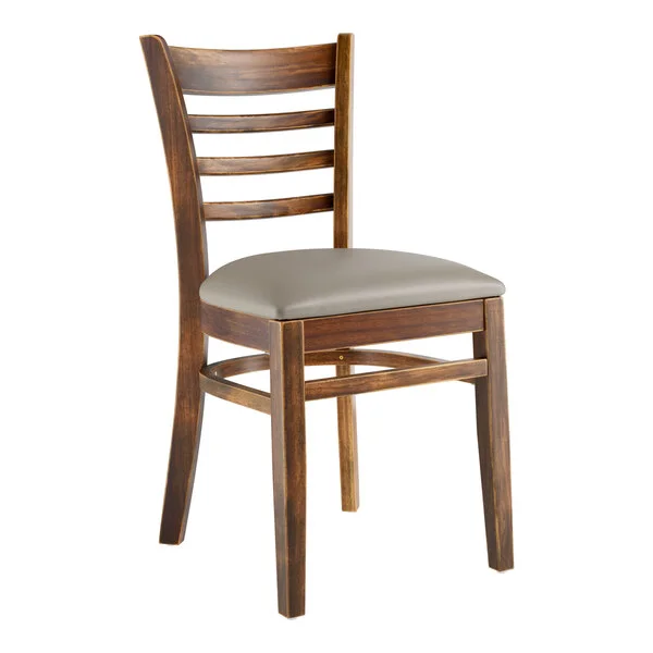Lancaster Table & Seating Vintage Finish Wood Ladder Back Chair with Dark Gray Vinyl Seat - Detached Seat Lancaster Table & Seating Vintage Finish Wood Ladder Back Chair with Dark Gray Vinyl Seat - Detached Seat