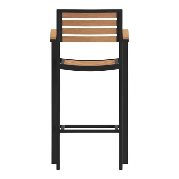 Flash Furniture Lark Natural Faux Teak Slat Stackable Barstool with Arms Flash Furniture Lark Natural Faux Teak Slat Stackable Barstool with Arms