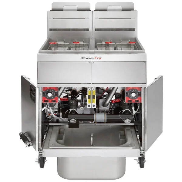 Vulcan 2VK45AF-2 PowerFry5 Liquid Propane 90-100 lb. 2 Unit Floor Fryer System with Solid State Analog Controls and KleenScreen Filtration - 140,000 BTU Vulcan 2VK45AF-2 PowerFry5 Liquid Propane 90-100 lb. 2 Unit Floor Fryer System with Solid State Analog Controls and KleenScreen Filtration - 140,000 BTU
