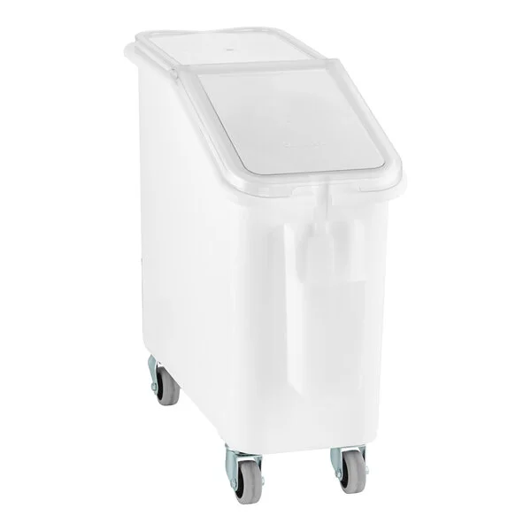 Cambro IBS20148 21 Gallon / 335 Cup White Slant Top Mobile Ingredient Storage Bin with 2-Piece Sliding Lid Cambro IBS20148 21 Gallon / 335 Cup White Slant Top Mobile Ingredient Storage Bin with 2-Piece Sliding Lid