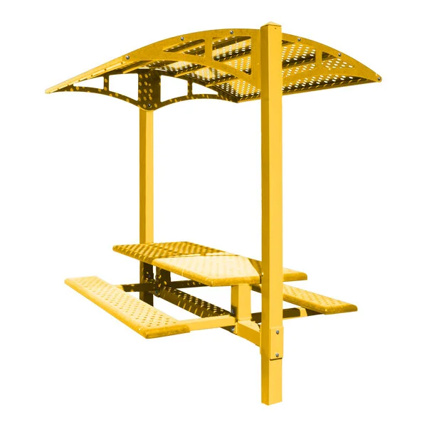 Paris Site Furnishings Shade Series 6' Dahlia Yellow Inground Mounted Picnic Table with Canopy and Basket Weave Perforations 85 1/2 Paris Site Furnishings Shade Series 6' Dahlia Yellow Inground Mounted Picnic Table with Canopy and Basket Weave Perforations 85 1/2