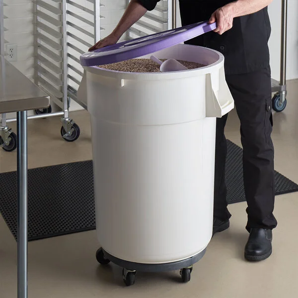 Baker's Mark Allergen-Free 44 Gallon / 700 Cup White Round Mobile Ingredient Storage Bin with Purple Snap-On Lid and Gray Dolly