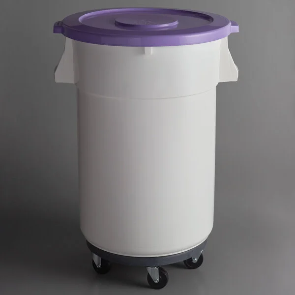 Baker's Mark Allergen-Free 44 Gallon / 700 Cup White Round Mobile Ingredient Storage Bin with Purple Snap-On Lid and Gray Dolly Baker's Mark Allergen-Free 44 Gallon / 700 Cup White Round Mobile Ingredient Storage Bin with Purple Snap-On Lid and Gray Dolly