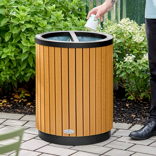 Lancaster Table & Seating 22 Gallon Stainless Steel / Wood Round Outdoor Two-Stream Trash Can / Recycling Bin Lancaster Table & Seating 22 Gallon Stainless Steel / Wood Round Outdoor Two-Stream Trash Can / Recycling Bin