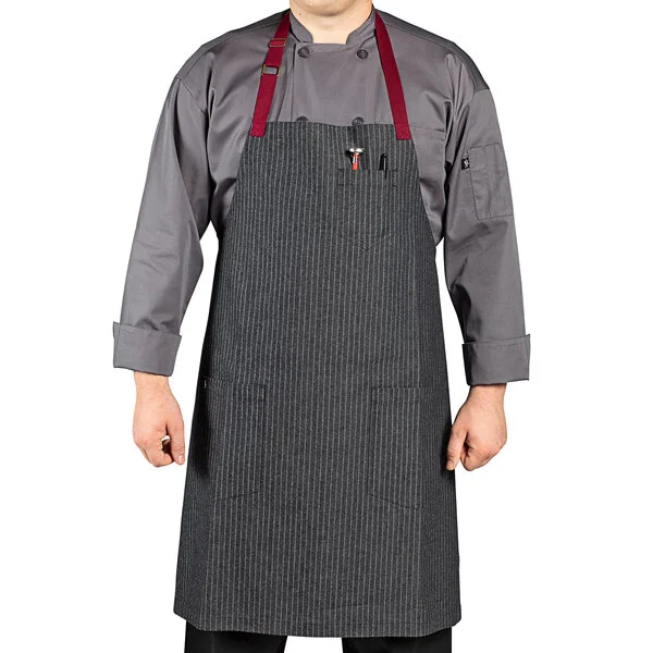 Uncommon Chef 3104 Pinstripe Customizable 100% Cotton Denim Rebel Bib Apron with Burgundy Webbing and 3 Pockets - 34