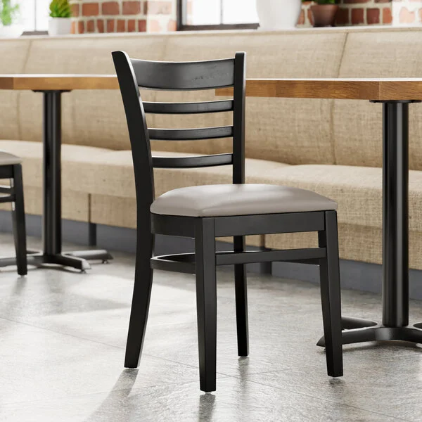 Lancaster Table & Seating Black Finish Wood Ladder Back Chair with Dark Gray Vinyl Seat - Assembled Lancaster Table & Seating Black Finish Wood Ladder Back Chair with Dark Gray Vinyl Seat - Assembled