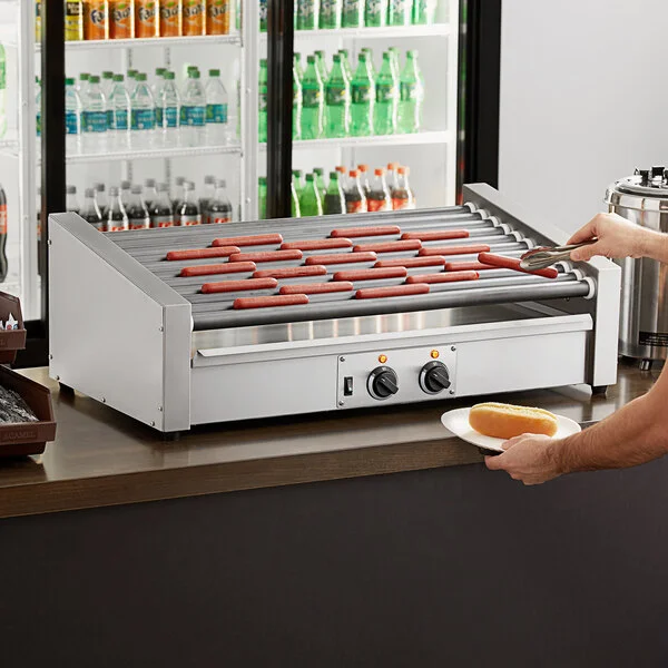 Avantco RG1850T 50 Slanted Hot Dog Roller Grill with 11 Non-Stick Rollers - 120V, 1460W