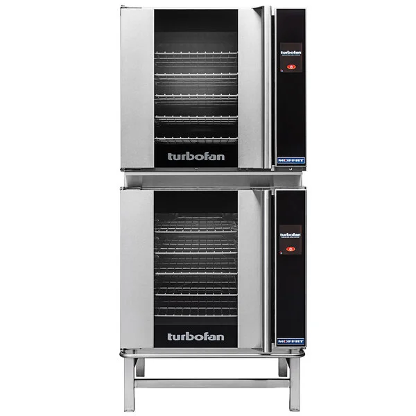 Moffat E32T5/2 Turbofan Double Deck Full Size Electric Touch Screen Convection Oven with Steam Injection and Stainless Steel Stand - 208V, 1 Phase, 11.2 kW