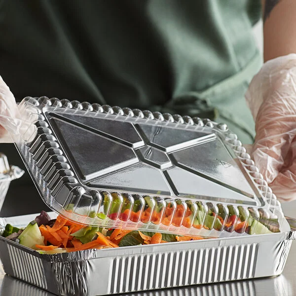 Choice 1.5 lb. Oblong Shallow Foil Take-out Container with Dome Lid - 250/Case Choice 1.5 lb. Oblong Shallow Foil Take-out Container with Dome Lid - 250/Case
