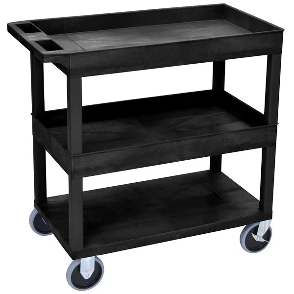 Luxor EC112HD-B Black Two Tub and One Flat Shelf Heavy-Duty Utility Cart - 18