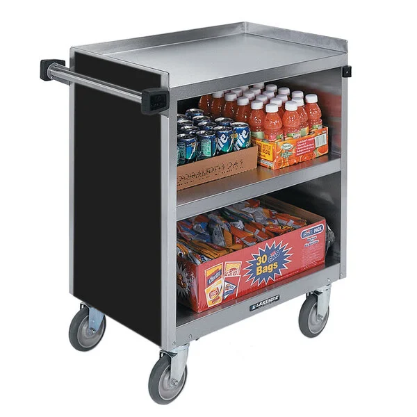 Lakeside 844B 3 Shelf Heavy Duty Stainless Steel Utility Cart with Enclosed Base and Black Finish - 22 1/2 Lakeside 844B 3 Shelf Heavy Duty Stainless Steel Utility Cart with Enclosed Base and Black Finish - 22 1/2