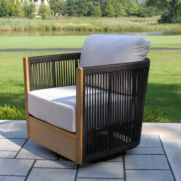 Outdoor Interiors Black Rope and Teak Swivel Chair with Sunbrella Cushions Outdoor Interiors Black Rope and Teak Swivel Chair with Sunbrella Cushions