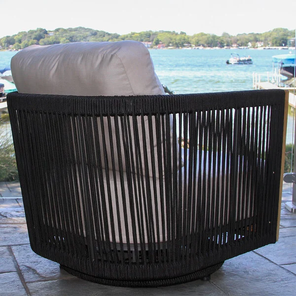 Outdoor Interiors Black Rope and Teak Swivel Chair with Sunbrella Cushions Outdoor Interiors Black Rope and Teak Swivel Chair with Sunbrella Cushions