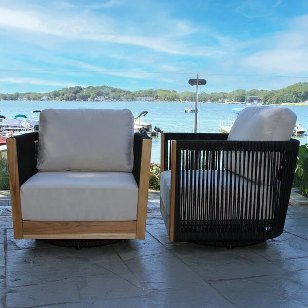 Outdoor Interiors Black Rope and Teak Swivel Chair with Sunbrella Cushions Outdoor Interiors Black Rope and Teak Swivel Chair with Sunbrella Cushions