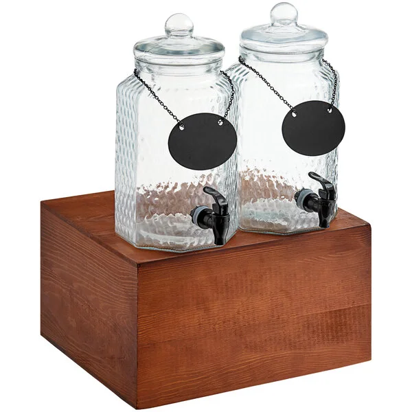 Acopa Double 1 Gallon Glass Beverage Dispenser with Wood Base and Chalkboard Sign Acopa Double 1 Gallon Glass Beverage Dispenser with Wood Base and Chalkboard Sign