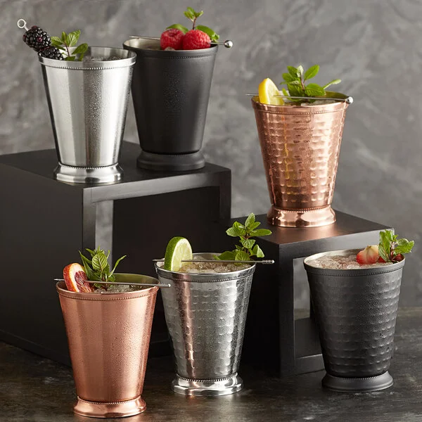 Acopa Alchemy 16 oz. Hammered Stainless Steel Mint Julep Cup with Beaded Detailing - Sample Acopa Alchemy 16 oz. Hammered Stainless Steel Mint Julep Cup with Beaded Detailing - Sample