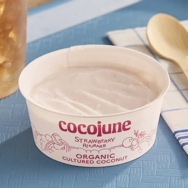 Cocojune Dairy-Free Strawberry Rhubarb Coconut Cultured Yogurt Alternative 4 oz. - 12/Case