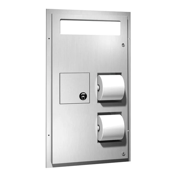 American Specialties, Inc. 10-0481 Stainless Steel Partition-Mounted Dual Access Toilet Tissue and Toilet Seat Cover Dispenser with Disposal Bin American Specialties, Inc. 10-0481 Stainless Steel Partition-Mounted Dual Access Toilet Tissue and Toilet Seat Cover Dispenser with Disposal Bin