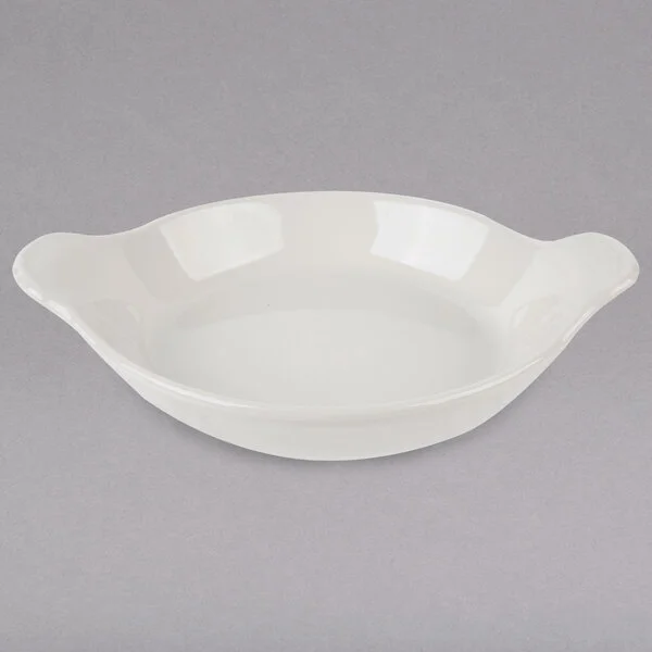 Hall China from Steelite International HL4340AWHA Ivory (American White) 12 oz. Round Au Gratin Baking Dish - 24/Case Hall China from Steelite International HL4340AWHA Ivory (American White) 12 oz. Round Au Gratin Baking Dish - 24/Case