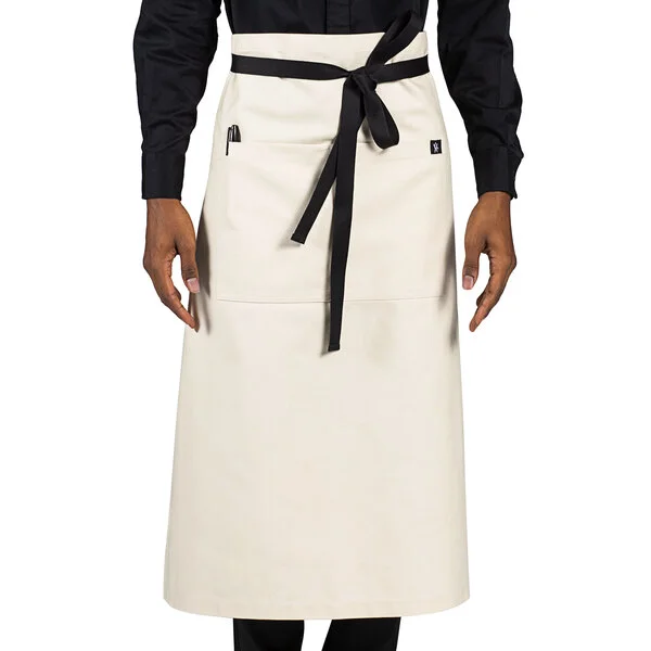 Uncommon Chef 3120 Ivory Customizable 100% Cotton Canvas Muse Bistro Apron with Black Webbing and 1 Pocket - 33 Uncommon Chef 3120 Ivory Customizable 100% Cotton Canvas Muse Bistro Apron with Black Webbing and 1 Pocket - 33