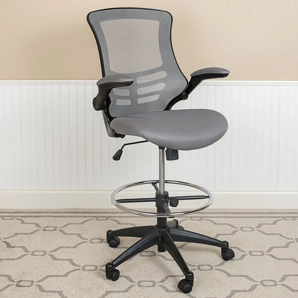 Flash Furniture BL-X-5M-D-DKGY-GG Mid-Back Dark Gray Mesh Drafting Stool with Flip-Up Arms