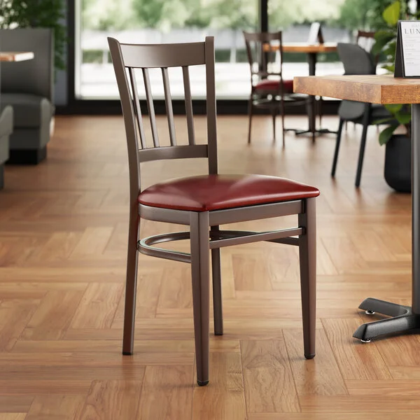 Lancaster Table & Seating Spartan Metal Slat Back Chair with Dark Walnut Wood Grain Finish and Burgundy Vinyl Seat - Assembled Lancaster Table & Seating Spartan Metal Slat Back Chair with Dark Walnut Wood Grain Finish and Burgundy Vinyl Seat - Assembled