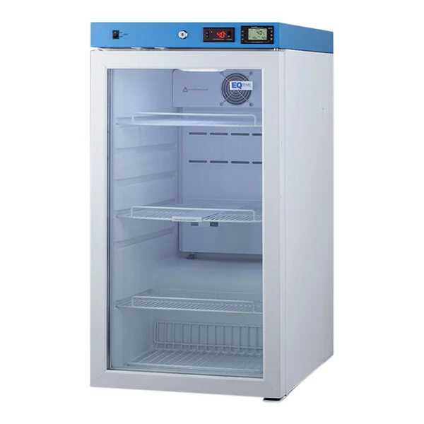 Summit Appliance ACR32G EQTemp ACR Series 3.17 Cu. Ft. White / Blue Compact Glass Door Reach-In Medical Refrigerator - 115V Summit Appliance ACR32G EQTemp ACR Series 3.17 Cu. Ft. White / Blue Compact Glass Door Reach-In Medical Refrigerator - 115V