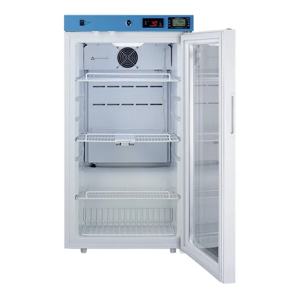 Summit Appliance ACR32G EQTemp ACR Series 3.17 Cu. Ft. White / Blue Compact Glass Door Reach-In Medical Refrigerator - 115V Summit Appliance ACR32G EQTemp ACR Series 3.17 Cu. Ft. White / Blue Compact Glass Door Reach-In Medical Refrigerator - 115V