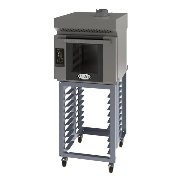 Cadco Bakerlux Station BLS-4HTD-1H 4-Shelf Half Size Heavy-Duty Digital Countertop Convection Oven with Touch Control Panel, Ventless Hood, and Stand - 208-240V Cadco Bakerlux Station BLS-4HTD-1H 4-Shelf Half Size Heavy-Duty Digital Countertop Convection Oven with Touch Control Panel, Ventless Hood, and Stand - 208-240V