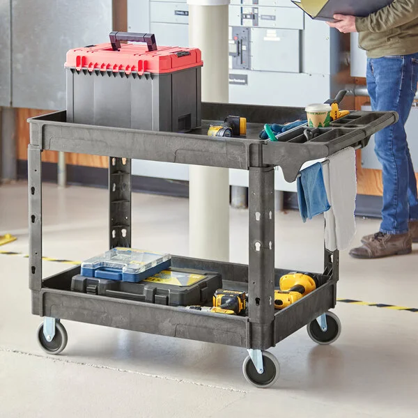 Lavex Large Black 2-Shelf Utility Cart with Premium Handle and Built-In Tool Compartments - 46 3/4