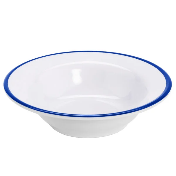 GET B-50-W/CB Settlement Bistro 4.5 oz. White Enamelware Melamine Small Round Side Dish with Cobalt Blue Trim - 48/Case