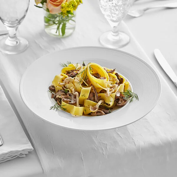 Acopa Liana 12 oz. Bright White Embossed Lines Wide Rim Porcelain Pasta Bowl - Sample