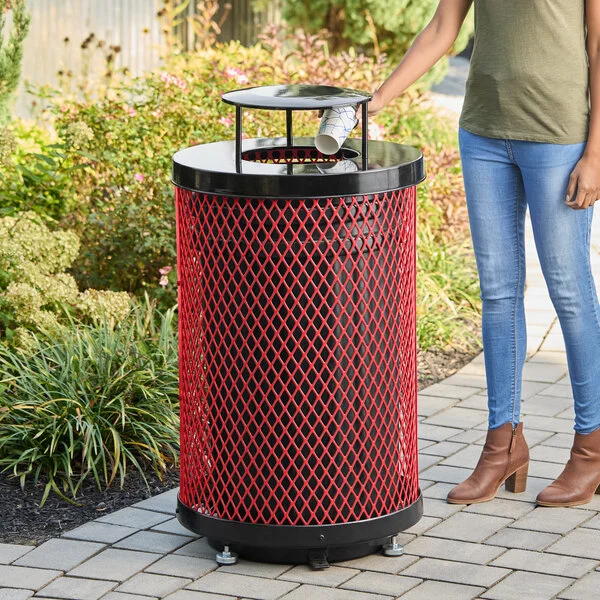 Lancaster Table & Seating 36 Gallon Heavy-Duty Round Red Expanded Steel Outdoor Trash Can with Rain Bonnet Lid Lancaster Table & Seating 36 Gallon Heavy-Duty Round Red Expanded Steel Outdoor Trash Can with Rain Bonnet Lid
