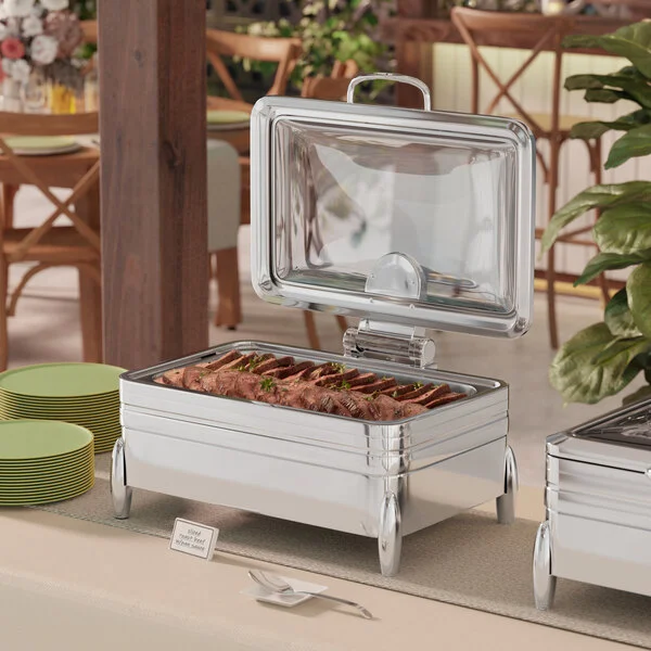 Acopa Manchester 8 Qt. Full Size Stainless Steel Induction / Traditional Dual Purpose Chafer with Glass Top, Soft Close Lid, and Stand with Fuel Holders