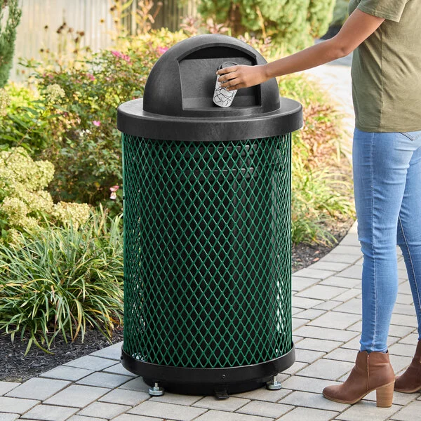 Lancaster Table & Seating 36 Gallon Heavy-Duty Round Green Expanded Steel Outdoor Trash Can with Dome Lid Lancaster Table & Seating 36 Gallon Heavy-Duty Round Green Expanded Steel Outdoor Trash Can with Dome Lid