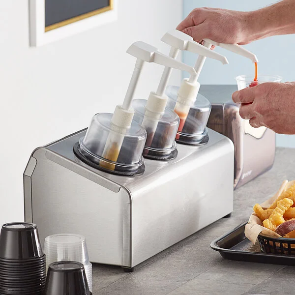 Steril-Sil 30 oz. 3-Compartment Stainless Steel Condiment Dispenser Kit with Black Cylinders and Dome Top Pump Lids Steril-Sil 30 oz. 3-Compartment Stainless Steel Condiment Dispenser Kit with Black Cylinders and Dome Top Pump Lids