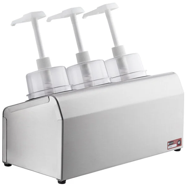 Steril-Sil 30 oz. 3-Compartment Stainless Steel Condiment Dispenser Kit with Black Cylinders and Dome Top Pump Lids Steril-Sil 30 oz. 3-Compartment Stainless Steel Condiment Dispenser Kit with Black Cylinders and Dome Top Pump Lids