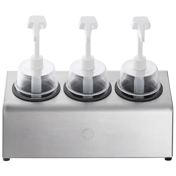 Steril-Sil 30 oz. 3-Compartment Stainless Steel Condiment Dispenser Kit with Black Cylinders and Dome Top Pump Lids Steril-Sil 30 oz. 3-Compartment Stainless Steel Condiment Dispenser Kit with Black Cylinders and Dome Top Pump Lids