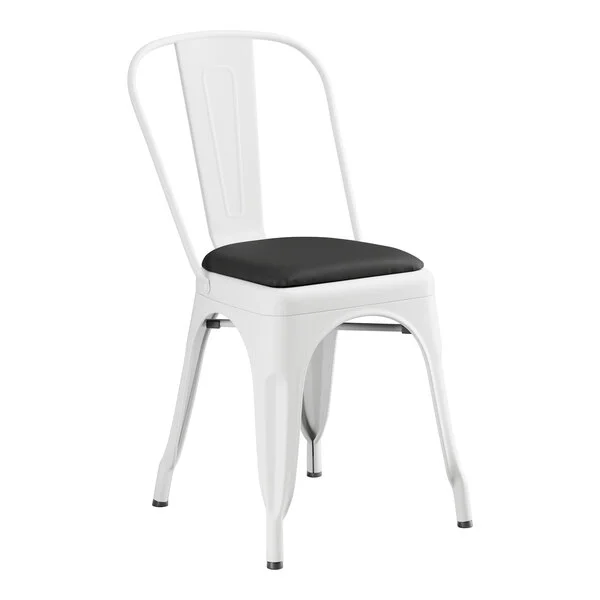 Lancaster Table & Seating Alloy Pearl White Indoor Cafe Chair with Black Vinyl Cushion Lancaster Table & Seating Alloy Pearl White Indoor Cafe Chair with Black Vinyl Cushion